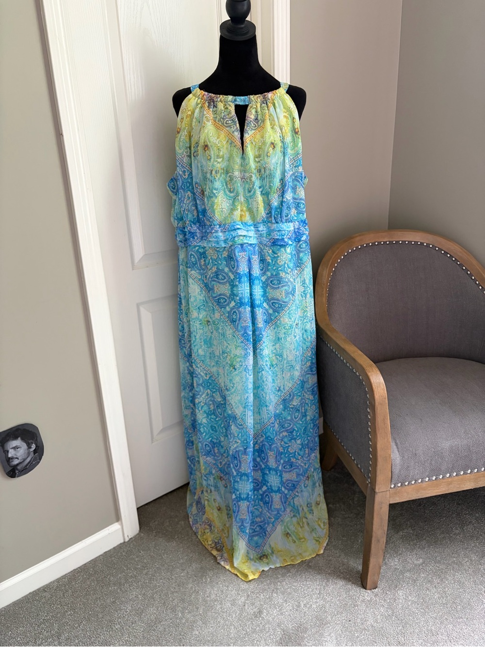 Soho Apparel Blue and Yellow Paisley Halter Maxi Dress